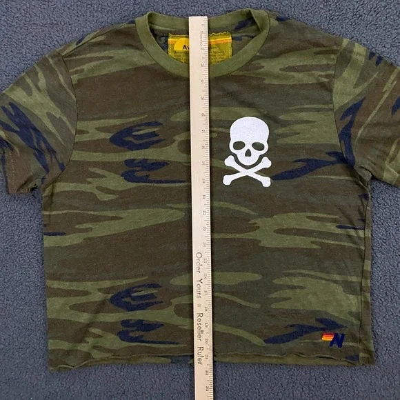 Aviator Nation T-shirt Womens Large Camo Skull Cross Bones Crop Retro Crew - Picture 7 of 9